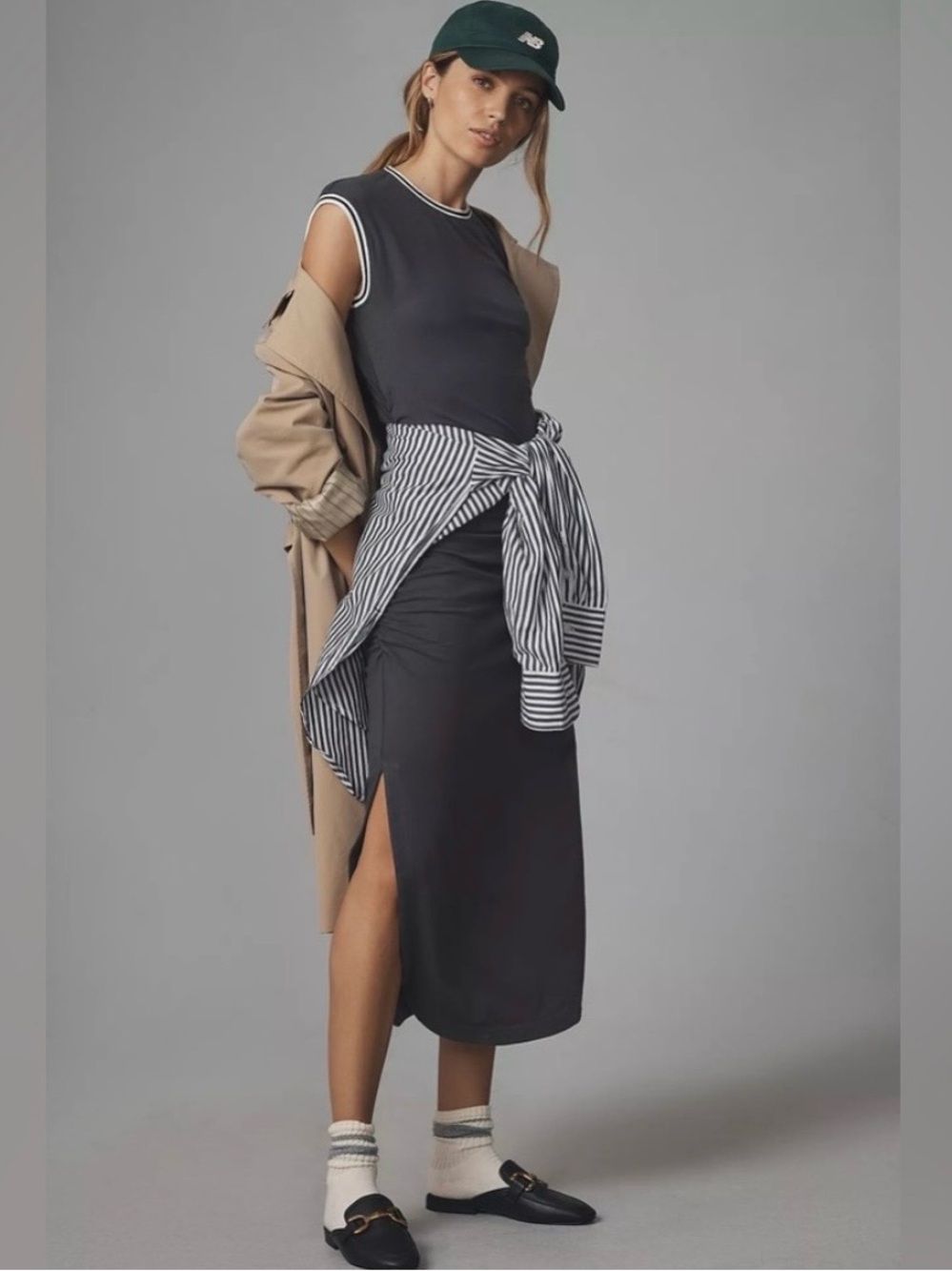 Daily Practice by Anthropologie Gray Stripe Trim Midi Dress Size Small